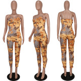 Fashion sexy print suspenders 9 points jumpsuit