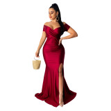 Women's sexy dress nightclub v-neck dress solid color large slit long skirt spring and summer short sleeves
