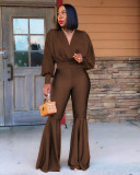 Fashion casual solid color sexy V-neck top big flared trousers two-piece suit