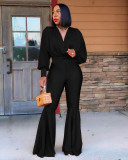 Fashion casual solid color sexy V-neck top big flared trousers two-piece suit