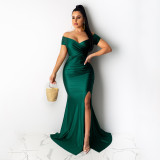 Women's sexy dress nightclub v-neck dress solid color large slit long skirt spring and summer short sleeves