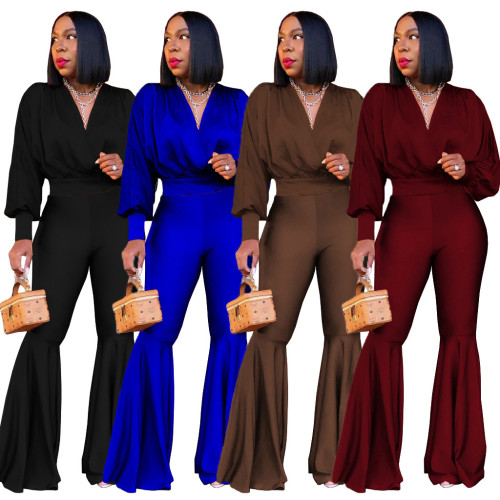 Fashion casual solid color sexy V-neck top big flared trousers two-piece suit