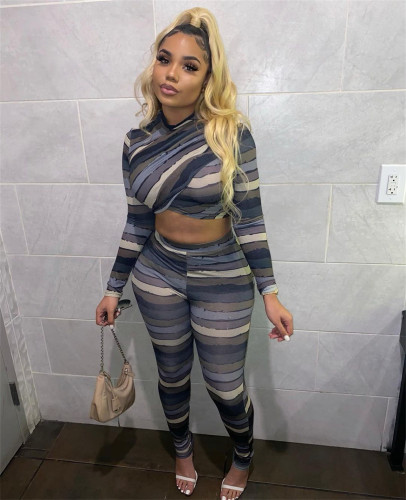 Fashion Stripe Print Irregular Two Piece Set