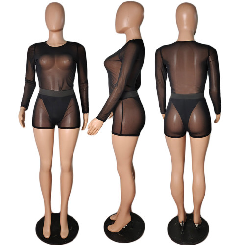 Mesh stitching sexy long-sleeved fashion women's two-piece suit