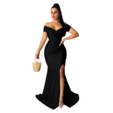 Women's sexy dress nightclub v-neck dress solid color large slit long skirt spring and summer short sleeves