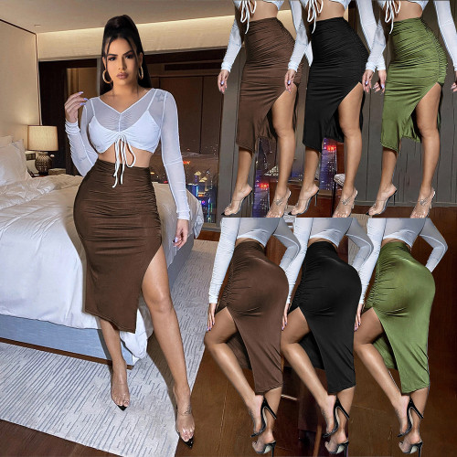 Women's Fashion Sexy Skirts Solid Color Pleated Thigh Skirts