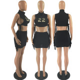 Fashion Embroidered Loose Turtleneck Sleeveless Fringe Skirt Suit Two Piece Set