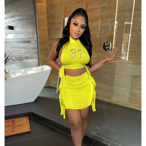 Fashion Embroidered Loose Turtleneck Sleeveless Fringe Skirt Suit Two Piece Set