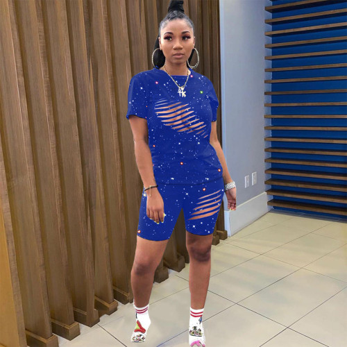 Women's Fashion Print Ripped Sexy Two Piece Suit
