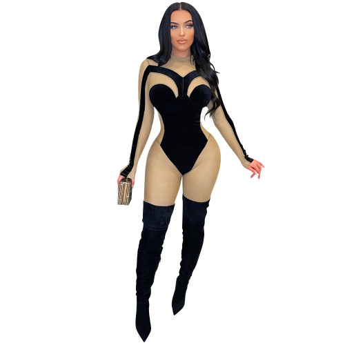 Fashion sexy see-through velvet tight-fitting body slimming hip jumpsuit