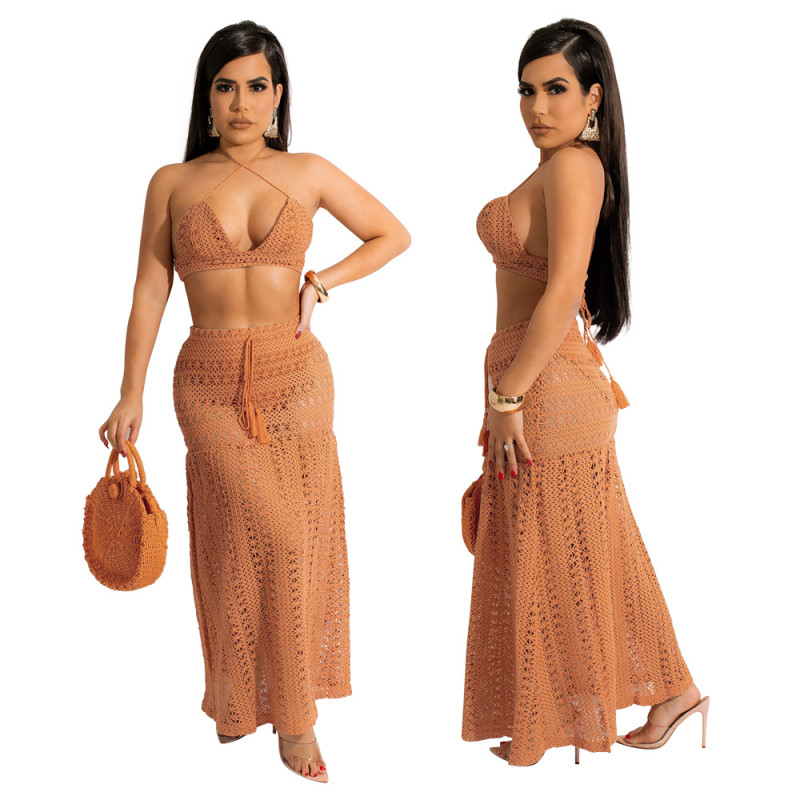Fashion sexy wrap chest halter neck strap see-through lace dress two-piece set