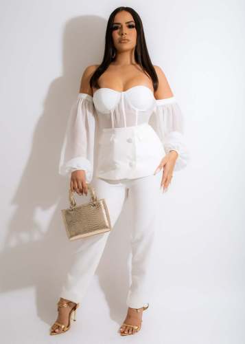 Fashion Ladies Casual Mesh Sheer Pants Two Piece Set