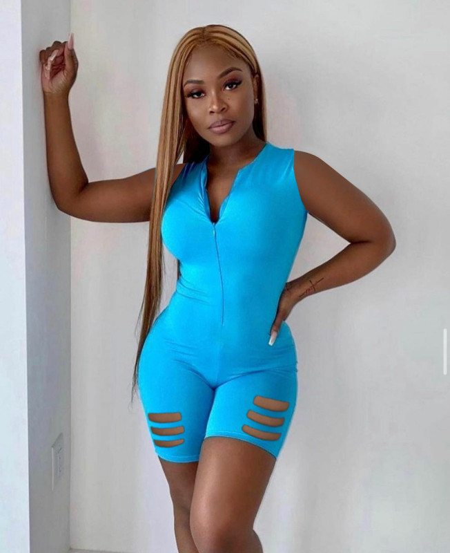 Hole solid color sexy fashion zipper burnt jumpsuit