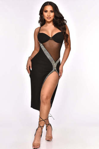 Nightclub sexy women's hot and diamond-studded see-through mesh suspender dress