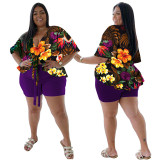 Plus Size Two Piece Printed Casual T-Shirt Shorts Set