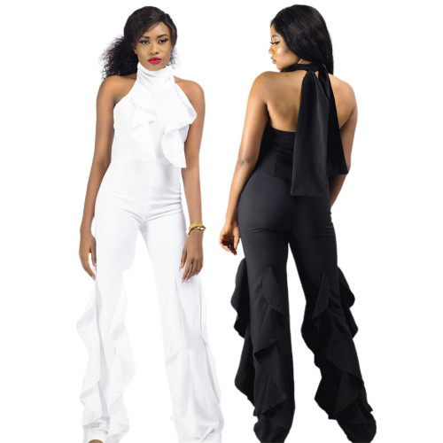 Nightclub clothing fashion sexy open back wide leg ruffle jumpsuit