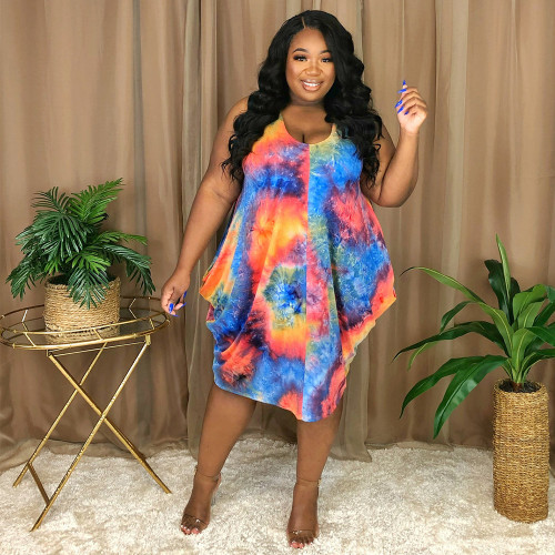 Mid Skirt Sleeveless Tie Dye Print Loose Waist Dress Small Fragrance Urban Casual