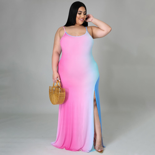 Spring sexy milk silk suspender type round neck slit skirt loose gradient dress