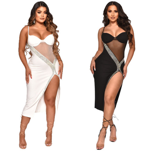 Nightclub sexy women's hot and diamond-studded see-through mesh suspender dress