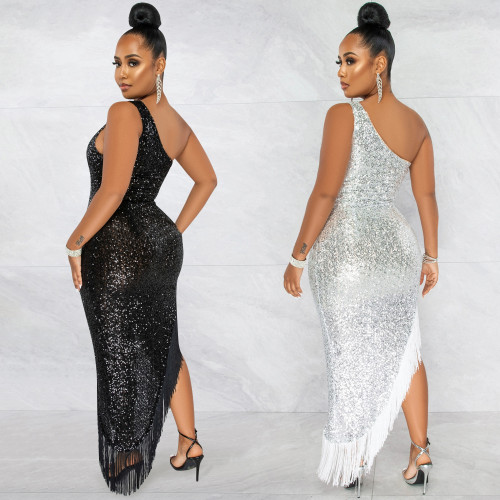 Fashion sexy sequined diagonal collar one shoulder irregular slit long beard dress