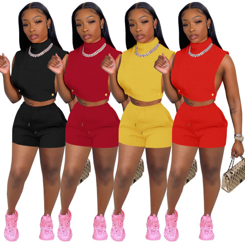 Women's Spring/Summer Side Cut Hollow Turtleneck Sleeveless Suit