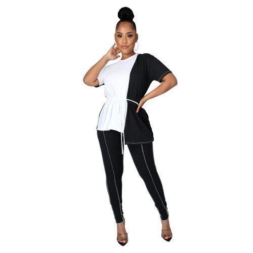 Color matching women's suit solid color casual short-sleeved t-shirt personality women