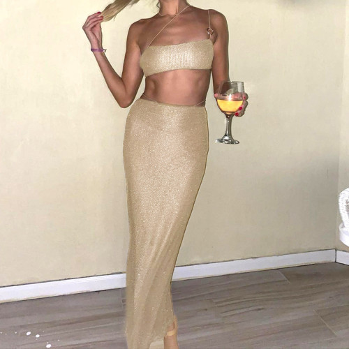 Women's suspenders show navel small tube top high waist bag hip skirt casual suit women