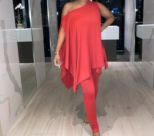 Women's Fashion Sleeveless Oblique Off-the-shoulder Solid Color Two-piece Suit