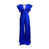 Feifei sleeves temperament pleated stitching deep V neck mopping cross-border European and American jumpsuit