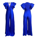 Feifei sleeves temperament pleated stitching deep V neck mopping cross-border European and American jumpsuit