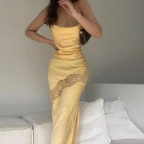 Women's fashion suspenders sexy backless one-shoulder slim slit dress women