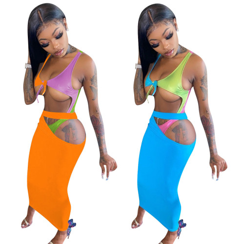 Women's Multicolor Panel One Piece Swimsuit Beach Skirt Set