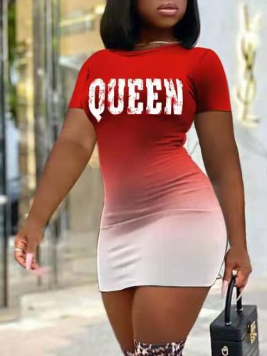 Sexy bag hip gradient color personalized print short-sleeved large size dress short-sleeved