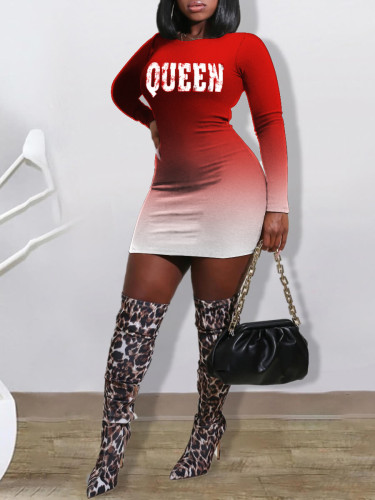Sexy bag hip gradient color personalized print short-sleeved plus size dress long sleeves