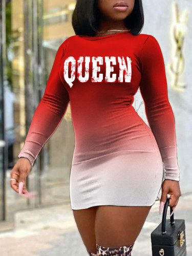 Sexy bag hip gradient color personalized print short-sleeved plus size dress long sleeves