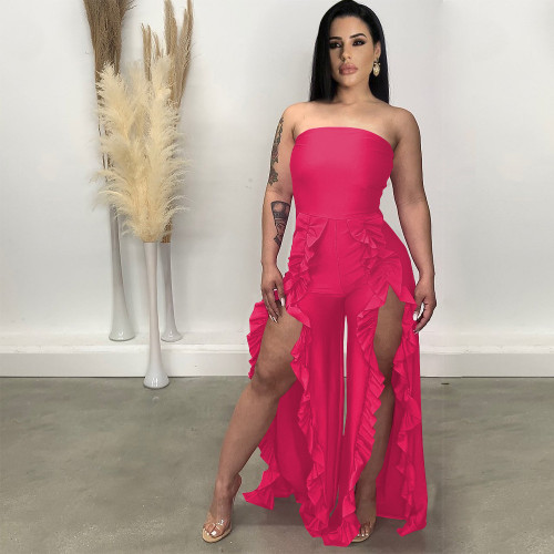 Solid Wrap Chest Ruffle Jumpsuit