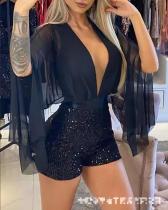 V-neck mesh-paneled sequined jumpsuit