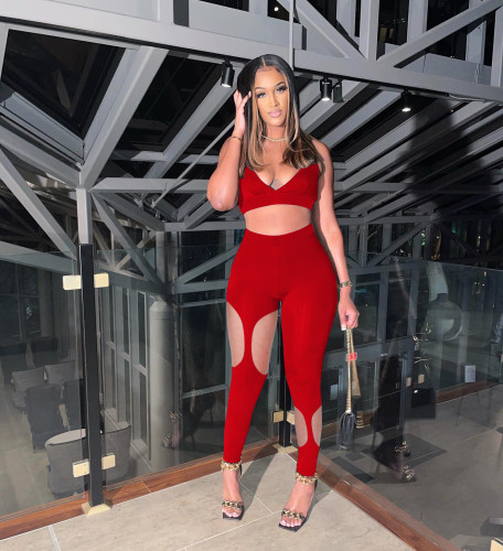 women's solid color hollow strap two piece suit
