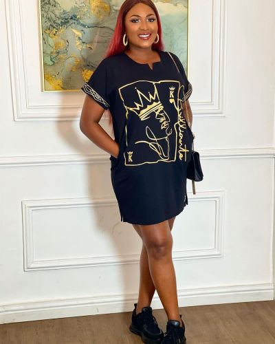 Trendy Fashion Women's Print Pattern Black Dress
