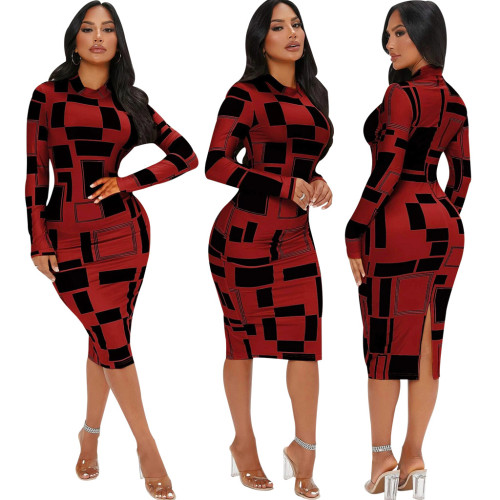 Sexy Fashion Digital Print Long Sleeve Women's One Piece Dress
