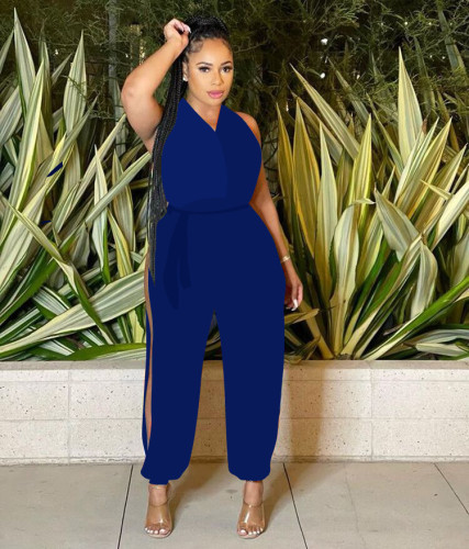 halterneck backless lace-up slit casual jumpsuit