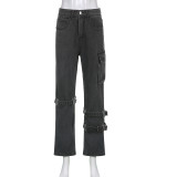 High Waist Straight Jeans Irregular Tie Pocket Cargo Pants