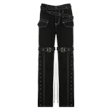 Personality Street Hot Girl Chain Design Jeans Straight Pocket Trousers