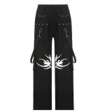 Printed Dark Woven Pants Street Hip Hop Streamers Wide Leg Pants Casual Pocket Trousers Women