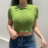 Slim Fit Cropped Sweater New Single Breasted Vintage POLO Collar Crop Top T-Shirt