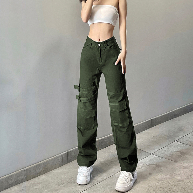 Street Style Dark Green High Waist Adjustable Buckle Tooling Jeans Straight Casual Trousers