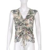 Resort style retro fashion letter print V-neck ruffled drawstring T-shirt new cropped irregular top
