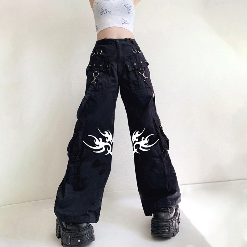 Printed Dark Woven Pants Street Hip Hop Streamers Wide Leg Pants Casual Pocket Trousers Women