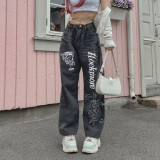 Personality letter print jeans street casual slim loose high waist trousers
