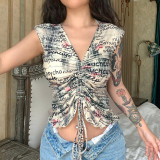 Resort style retro fashion letter print V-neck ruffled drawstring T-shirt new cropped irregular top